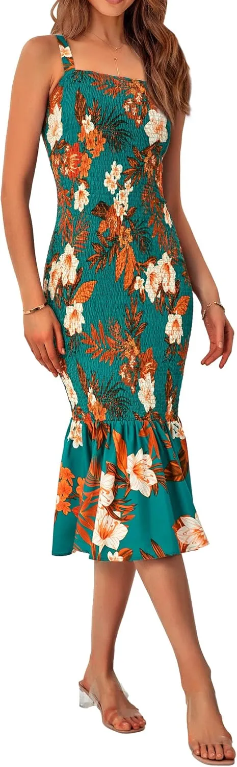 PRETTYGARDEN Women's Summer Floral Midi Tank Dress Sleeveless Strappy Ruffle Hem Smocked Bodycon Dresses