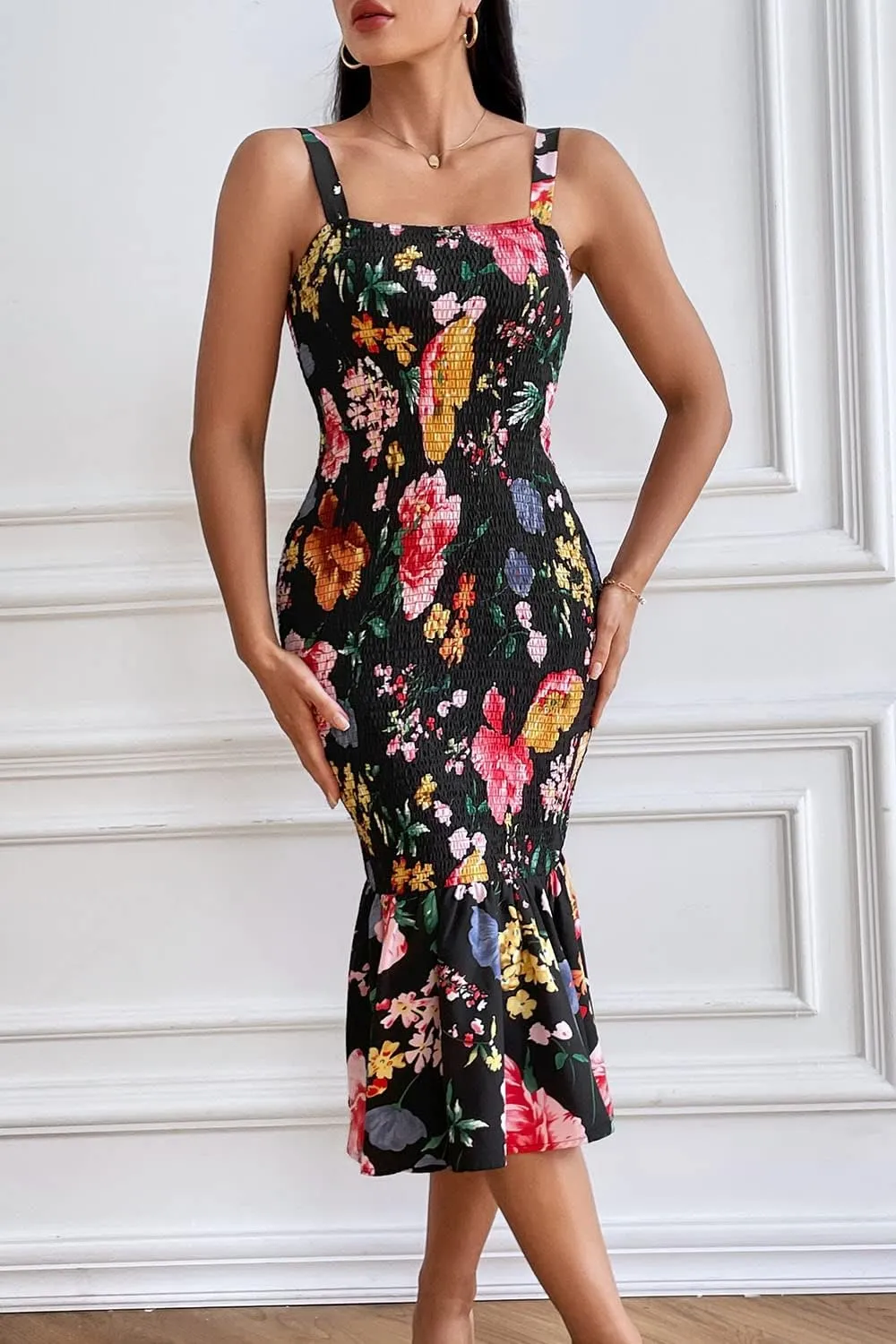 PRETTYGARDEN Women's Summer Floral Midi Tank Dress Sleeveless Strappy Ruffle Hem Smocked Bodycon Dresses
