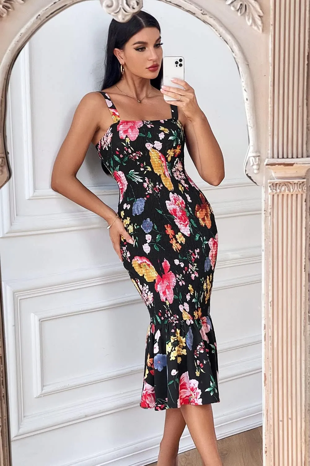 PRETTYGARDEN Women's Summer Floral Midi Tank Dress Sleeveless Strappy Ruffle Hem Smocked Bodycon Dresses