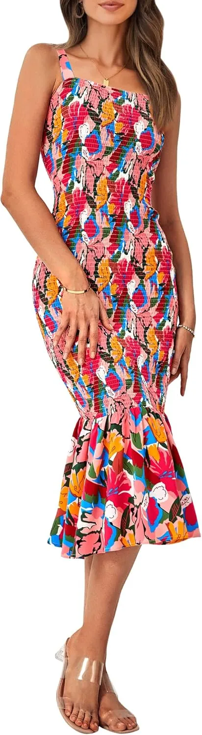 PRETTYGARDEN Women's Summer Floral Midi Tank Dress Sleeveless Strappy Ruffle Hem Smocked Bodycon Dresses