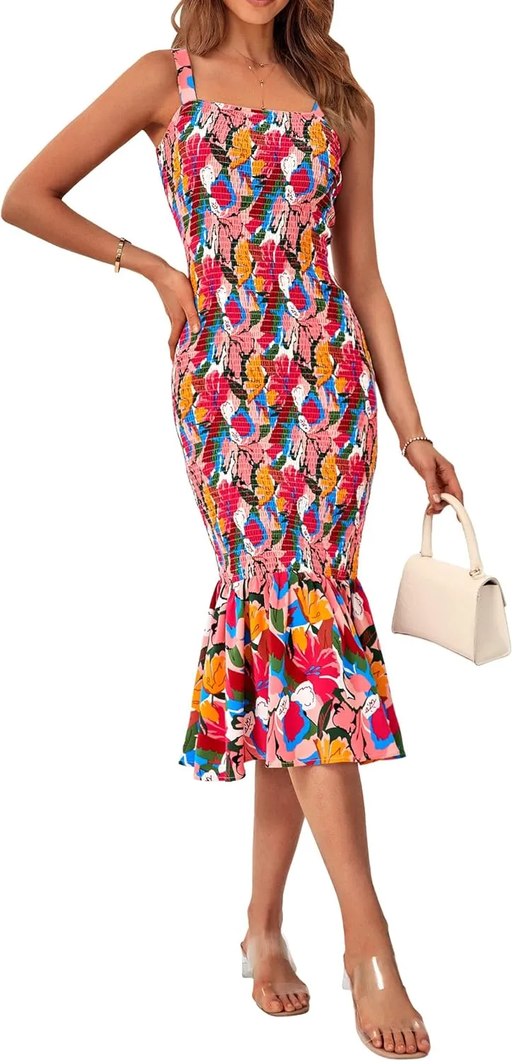 PRETTYGARDEN Women's Summer Floral Midi Tank Dress Sleeveless Strappy Ruffle Hem Smocked Bodycon Dresses