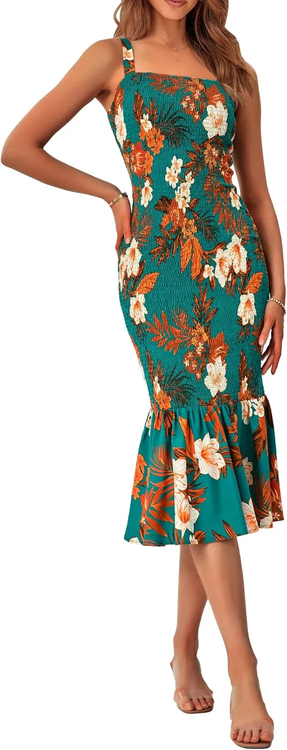 PRETTYGARDEN Women's Summer Floral Midi Tank Dress Sleeveless Strappy Ruffle Hem Smocked Bodycon Dresses