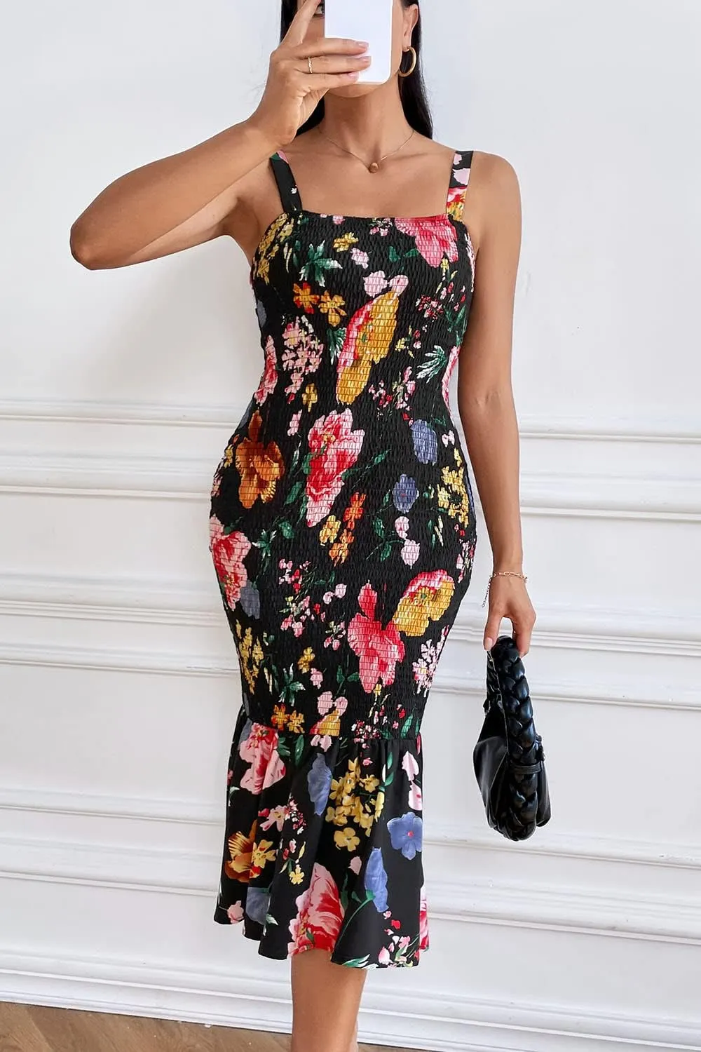 PRETTYGARDEN Women's Summer Floral Midi Tank Dress Sleeveless Strappy Ruffle Hem Smocked Bodycon Dresses