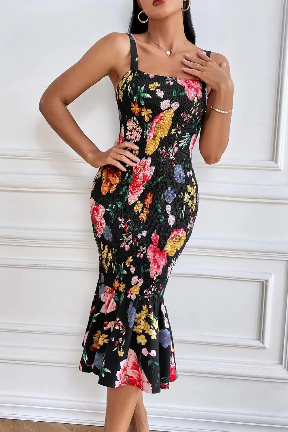 PRETTYGARDEN Women's Summer Floral Midi Tank Dress Sleeveless Strappy Ruffle Hem Smocked Bodycon Dresses