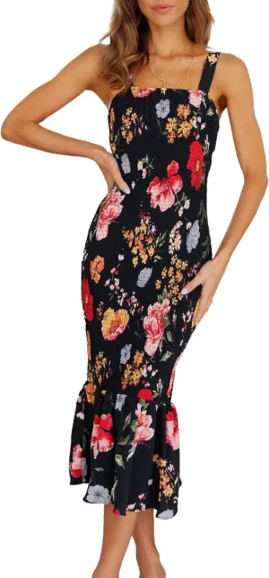 PRETTYGARDEN Women's Summer Floral Midi Tank Dress Sleeveless Strappy Ruffle Hem Smocked Bodycon Dresses