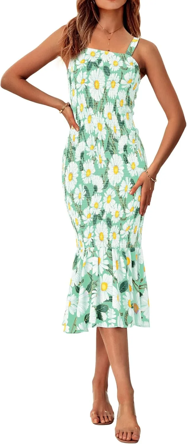 PRETTYGARDEN Women's Summer Floral Midi Tank Dress Sleeveless Strappy Ruffle Hem Smocked Bodycon Dresses