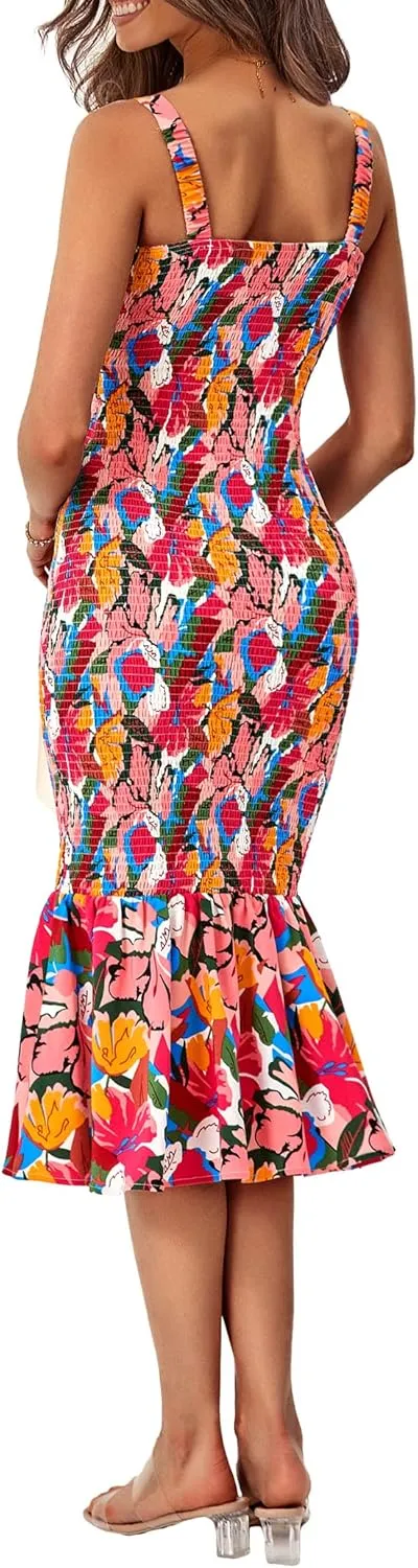 PRETTYGARDEN Women's Summer Floral Midi Tank Dress Sleeveless Strappy Ruffle Hem Smocked Bodycon Dresses