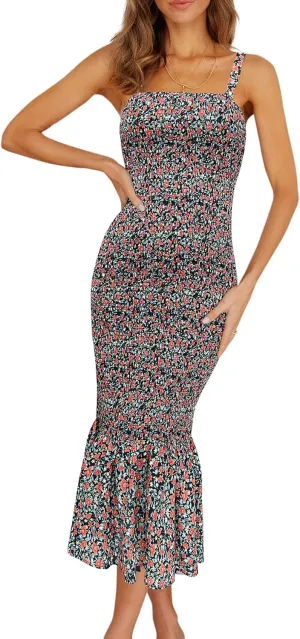 PRETTYGARDEN Women's Summer Floral Midi Tank Dress Sleeveless Strappy Ruffle Hem Smocked Bodycon Dresses