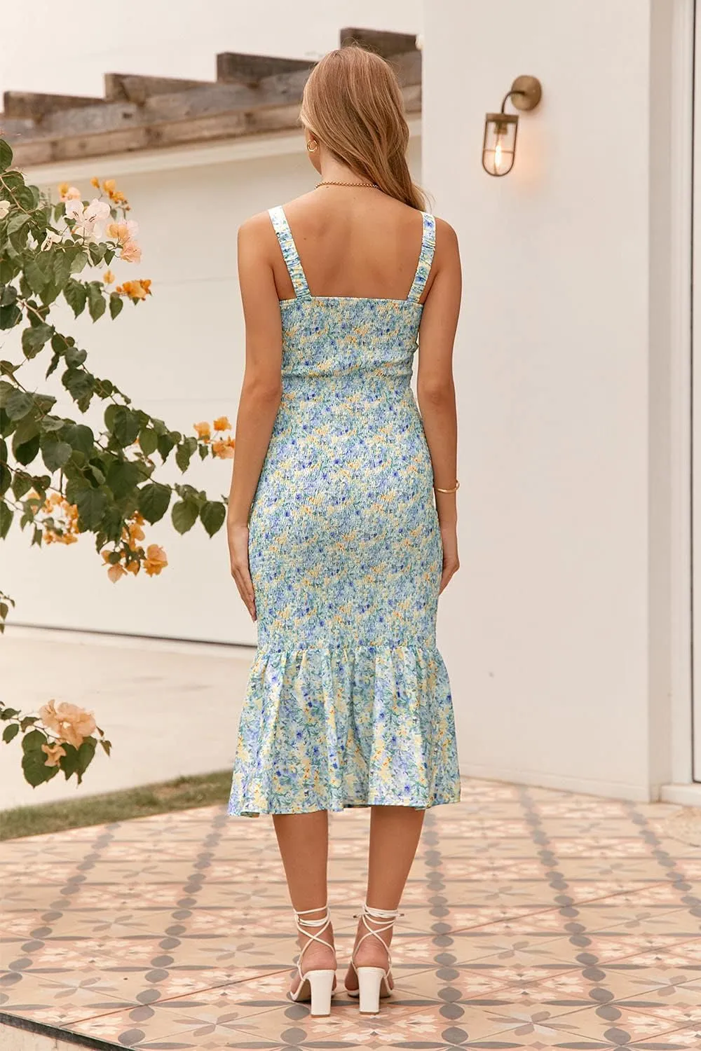 PRETTYGARDEN Women's Summer Floral Midi Tank Dress Sleeveless Strappy Ruffle Hem Smocked Bodycon Dresses