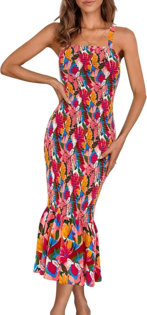PRETTYGARDEN Women's Summer Floral Midi Tank Dress Sleeveless Strappy Ruffle Hem Smocked Bodycon Dresses