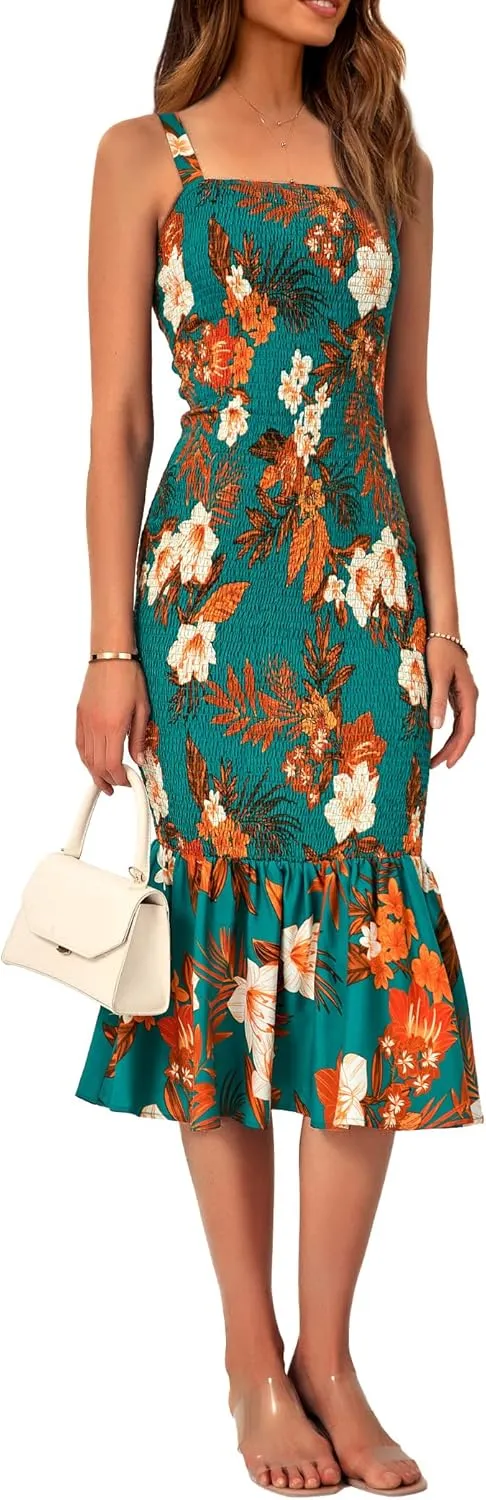 PRETTYGARDEN Women's Summer Floral Midi Tank Dress Sleeveless Strappy Ruffle Hem Smocked Bodycon Dresses
