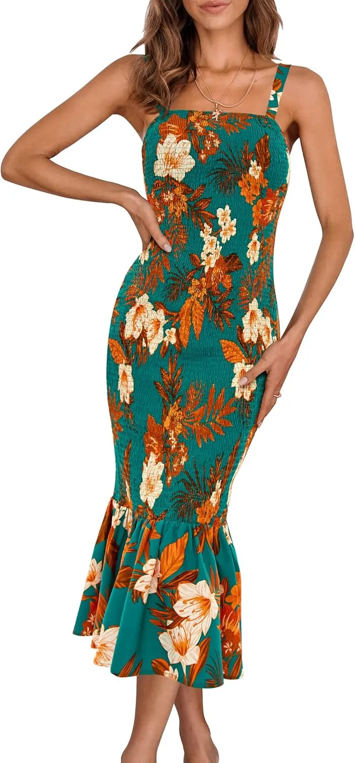 PRETTYGARDEN Women's Summer Floral Midi Tank Dress Sleeveless Strappy Ruffle Hem Smocked Bodycon Dresses