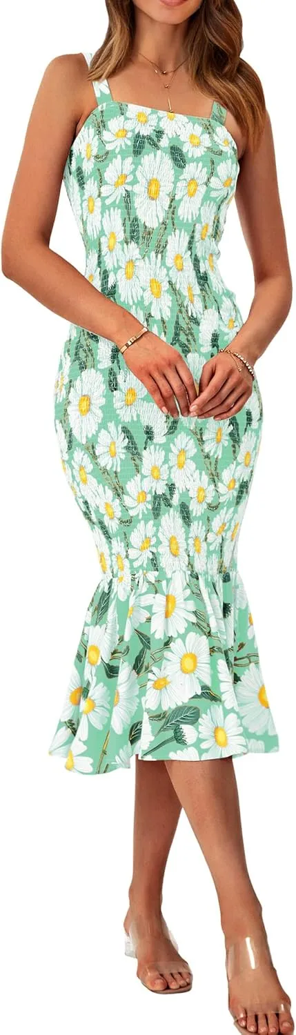 PRETTYGARDEN Women's Summer Floral Midi Tank Dress Sleeveless Strappy Ruffle Hem Smocked Bodycon Dresses