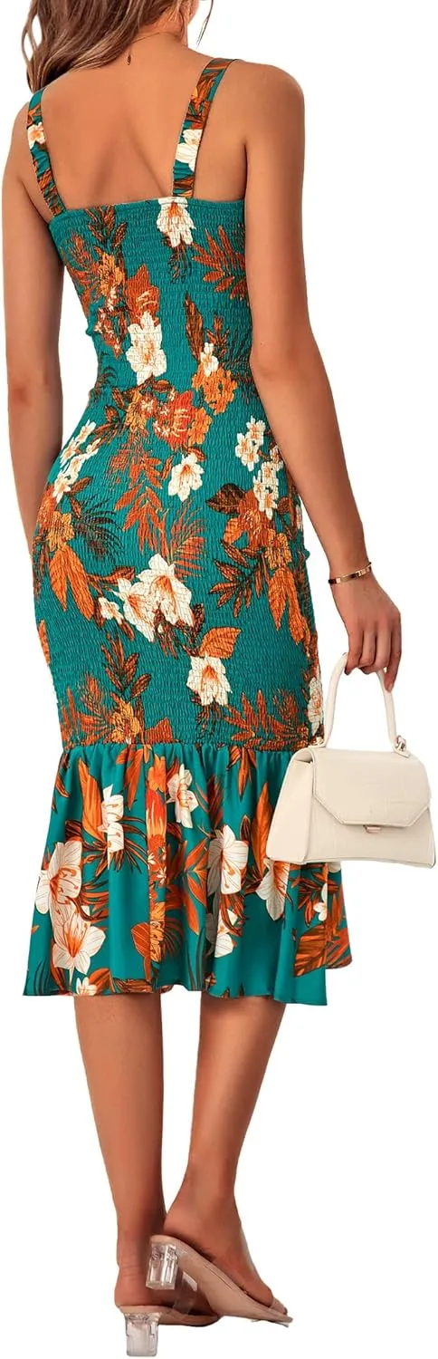 PRETTYGARDEN Women's Summer Floral Midi Tank Dress Sleeveless Strappy Ruffle Hem Smocked Bodycon Dresses