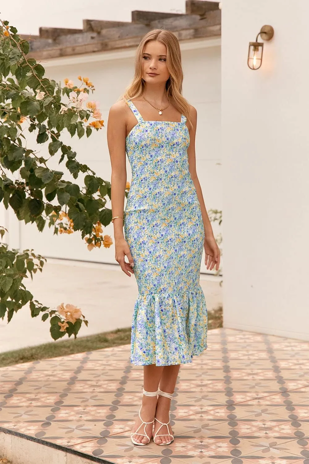 PRETTYGARDEN Women's Summer Floral Midi Tank Dress Sleeveless Strappy Ruffle Hem Smocked Bodycon Dresses