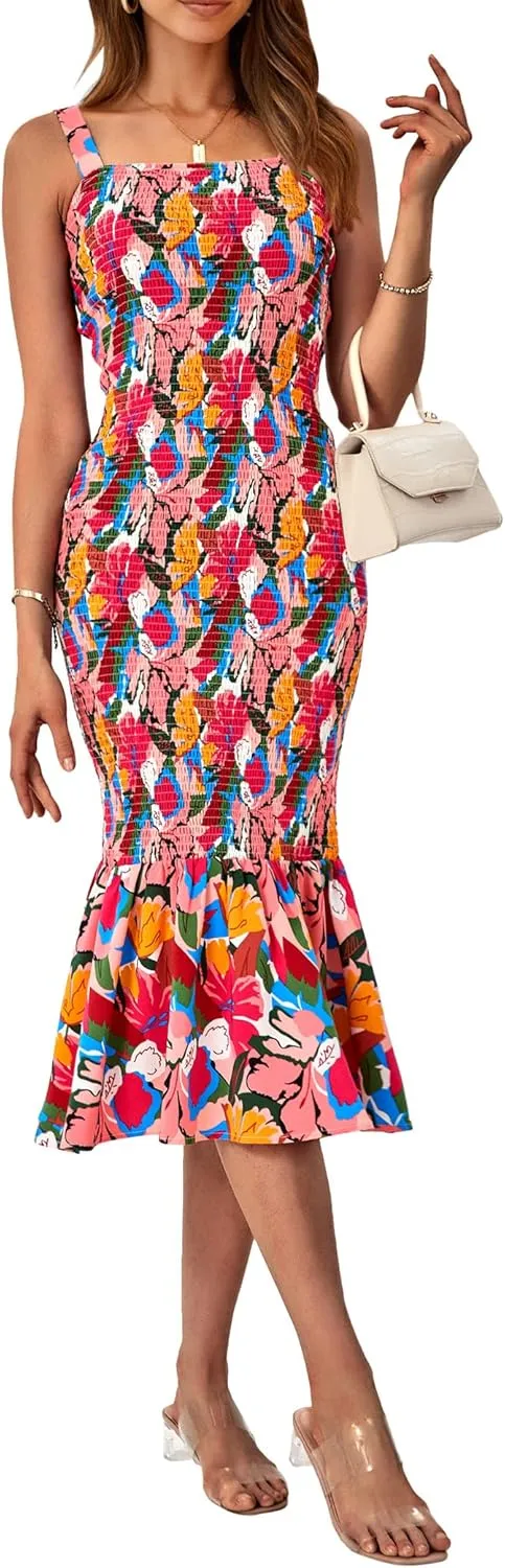 PRETTYGARDEN Women's Summer Floral Midi Tank Dress Sleeveless Strappy Ruffle Hem Smocked Bodycon Dresses