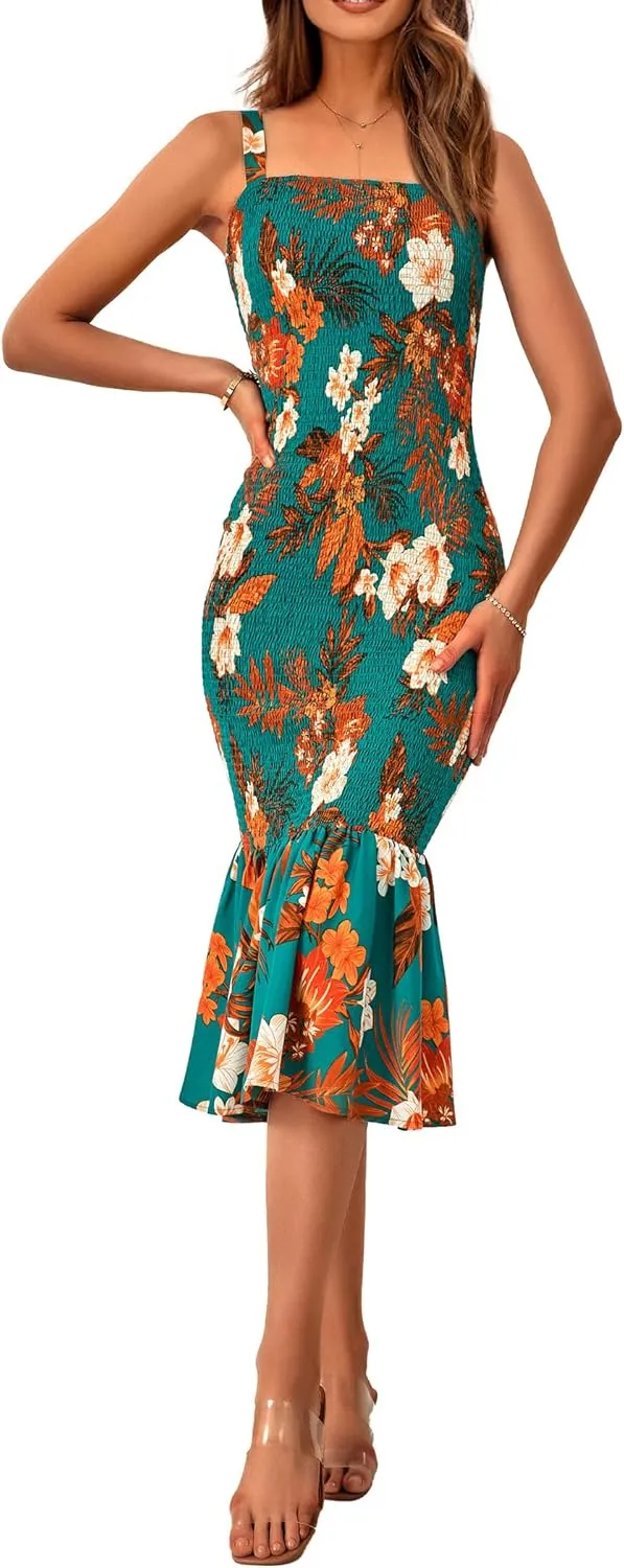 PRETTYGARDEN Women's Summer Floral Midi Tank Dress Sleeveless Strappy Ruffle Hem Smocked Bodycon Dresses