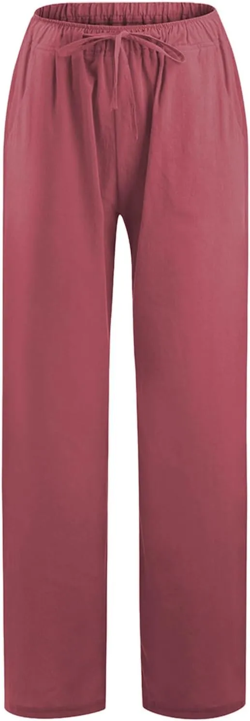PTOLOCIF Cotton Linen Pants Women,Wide Leg Harem Pants Loose Elastic Waist Palazzo Pants Comfy Lounge Baggy Sweatpants