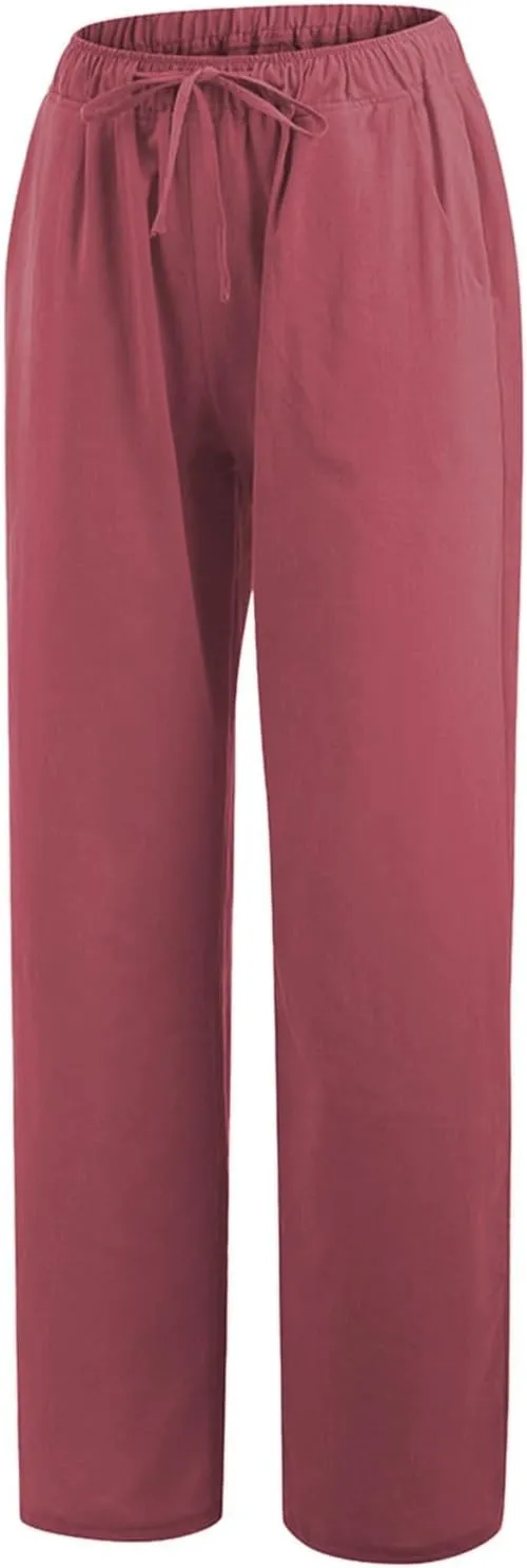 PTOLOCIF Cotton Linen Pants Women,Wide Leg Harem Pants Loose Elastic Waist Palazzo Pants Comfy Lounge Baggy Sweatpants