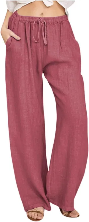 PTOLOCIF Cotton Linen Pants Women,Wide Leg Harem Pants Loose Elastic Waist Palazzo Pants Comfy Lounge Baggy Sweatpants