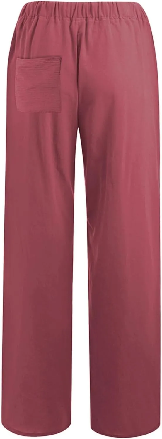 PTOLOCIF Cotton Linen Pants Women,Wide Leg Harem Pants Loose Elastic Waist Palazzo Pants Comfy Lounge Baggy Sweatpants