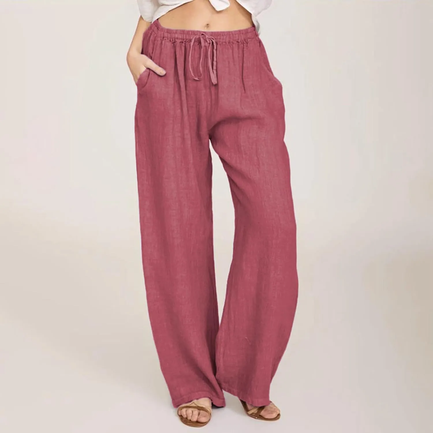PTOLOCIF Cotton Linen Pants Women,Wide Leg Harem Pants Loose Elastic Waist Palazzo Pants Comfy Lounge Baggy Sweatpants