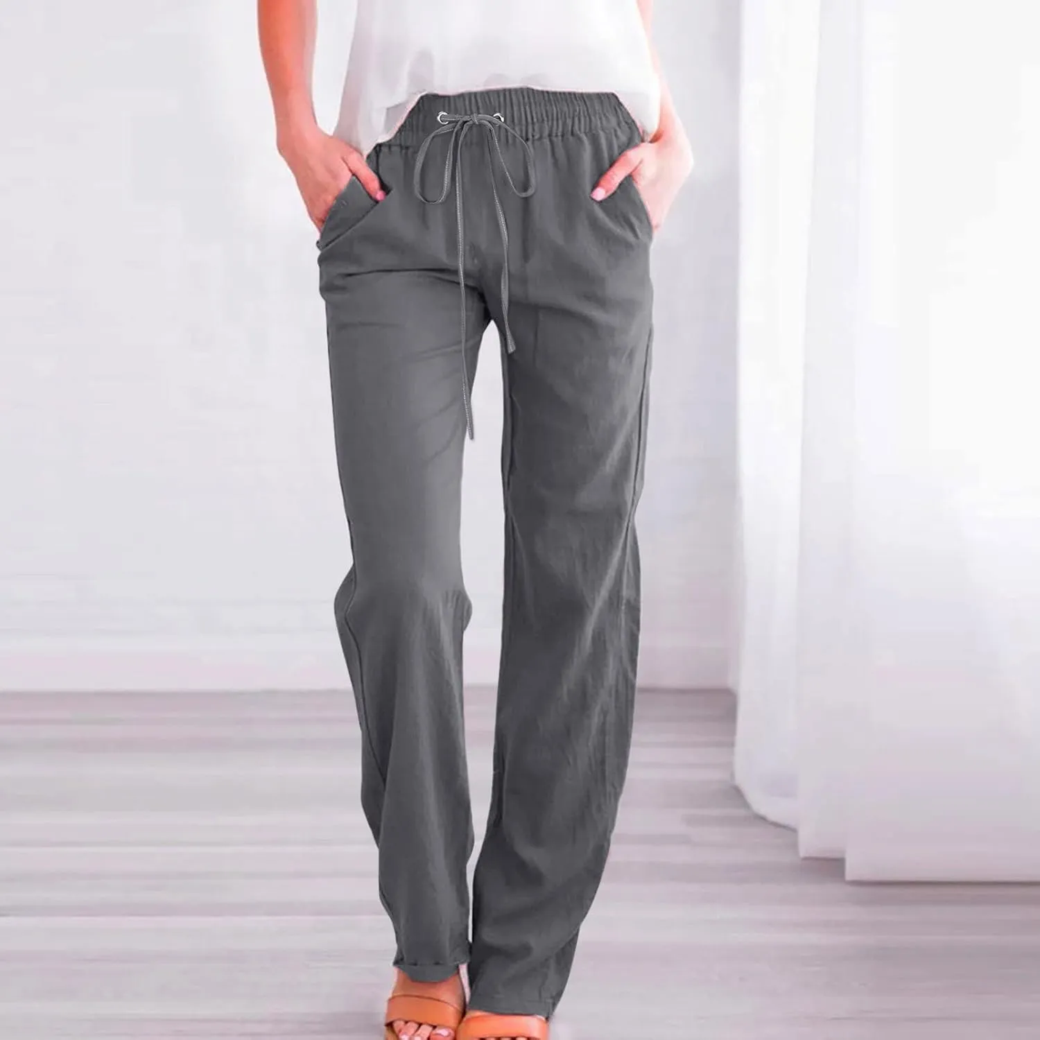 PTOLOCIF Flowy Pants for Women,Casual Cotton Linen Pants Lightweight Summer Pants Loose Fit Elastic Waist Lounge Pants