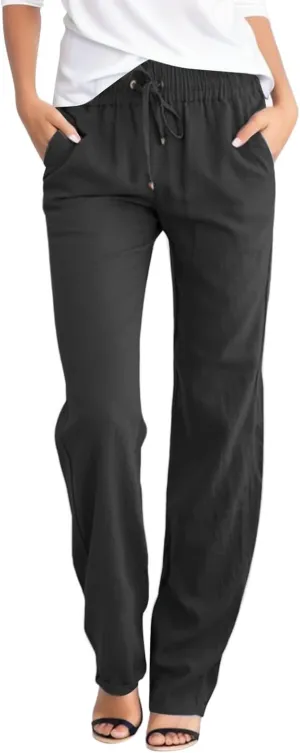 PTOLOCIF Linen Beach Pants Women,Casual Linen High Waist Pants Wide Leg Palazzo Pants Drawstring Loose Fit Summer Pants