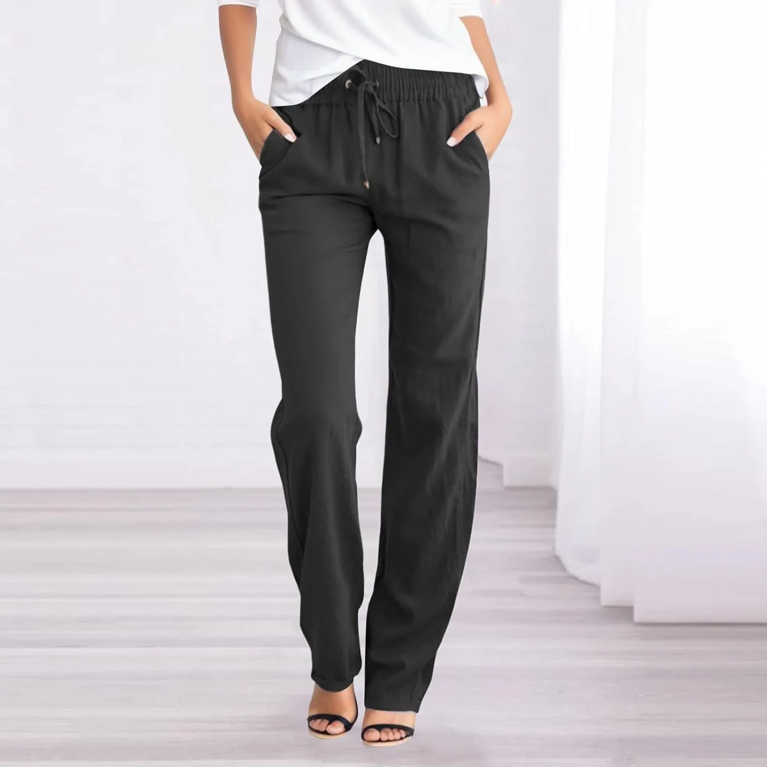 PTOLOCIF Linen Beach Pants Women,Casual Linen High Waist Pants Wide Leg Palazzo Pants Drawstring Loose Fit Summer Pants