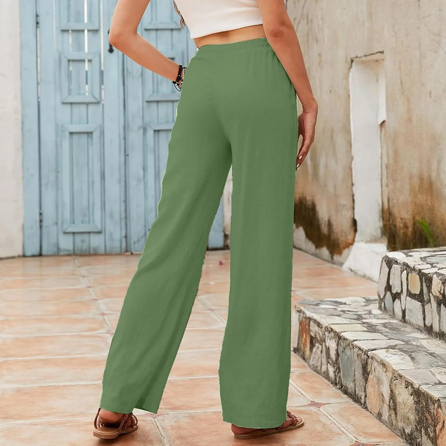 PTOLOCIF Linen Pants Women Summer,Drawstring Elastic Waist Pants Cotton Linen Tapered Pants Casual Travel Pants Trousers