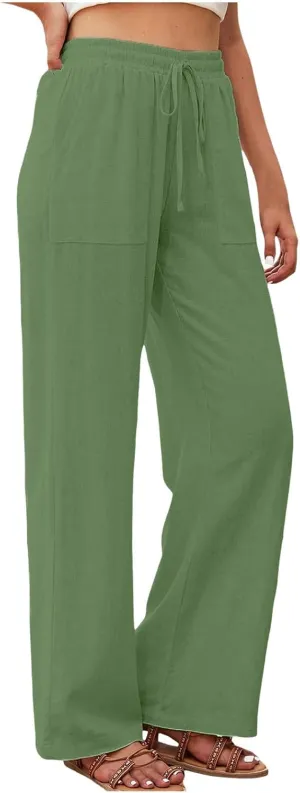 PTOLOCIF Linen Pants Women Summer,Drawstring Elastic Waist Pants Cotton Linen Tapered Pants Casual Travel Pants Trousers