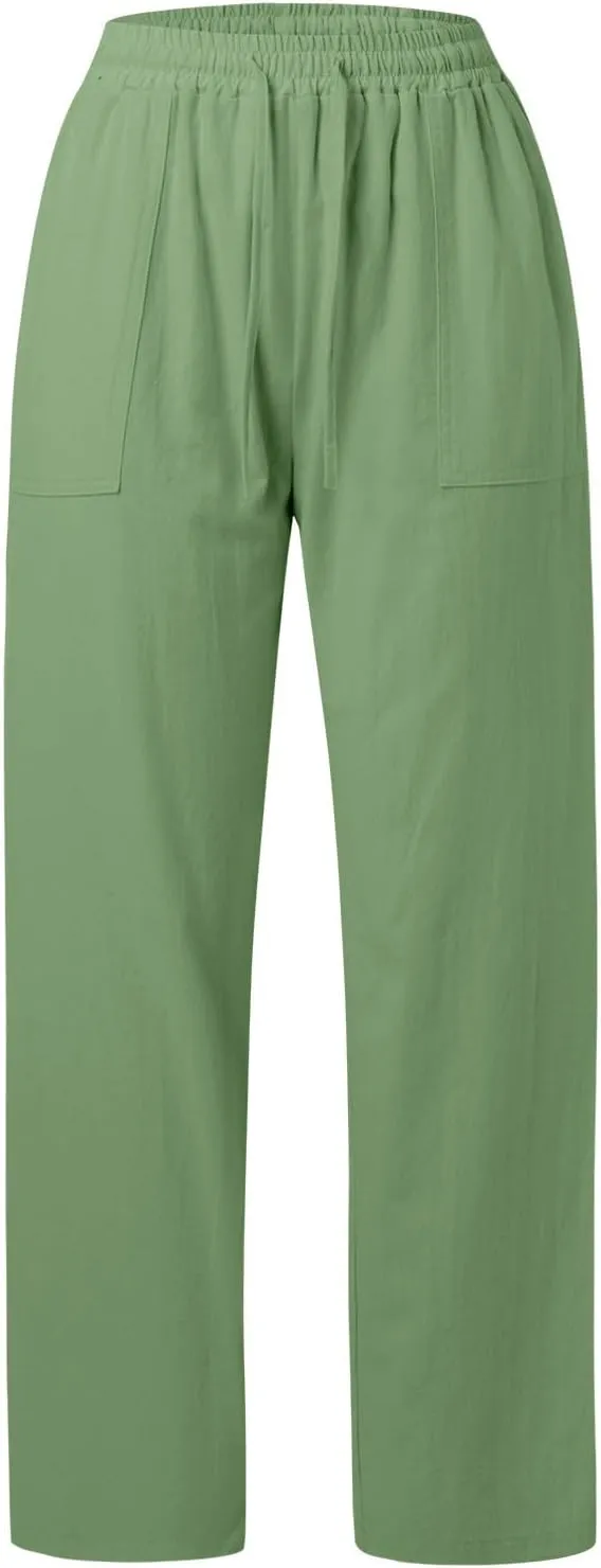 PTOLOCIF Linen Pants Women Summer,Drawstring Elastic Waist Pants Cotton Linen Tapered Pants Casual Travel Pants Trousers