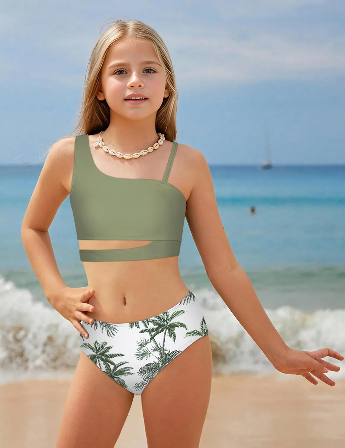 Queenstyle Girls Swimsuits Bikini Set Kids Cutout Bathing Suit Bikini Top Two Piece Girls' Swimwear