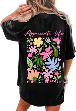 Remidoo Women's Back Graphic Oversized T Shirt Short Sleeve Tee Crewneck Casual Top