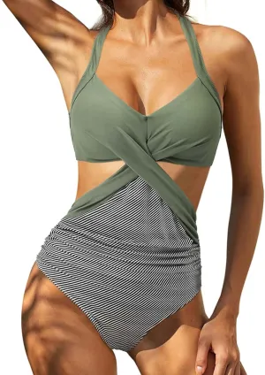 Rvidbe Womens One-Piece Swimsuit Ruched Tummy Control High Cut Backless V Neck Bathing Suits Swimwear Sexy One-Piece Swimsuit for Women Tummy Control Swimsuits for Women Monokini Swimsuits