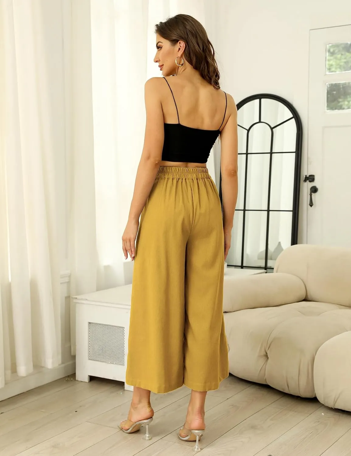 SCUSTY Linen Pants for Women Culottes Capris Wide Leg Palazzo Boho Pants Trousers