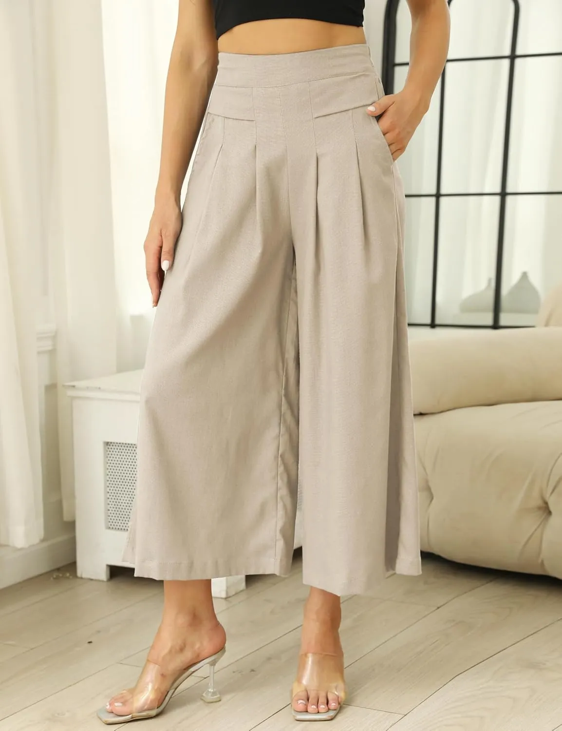 SCUSTY Linen Pants for Women Culottes Capris Wide Leg Palazzo Boho Pants Trousers