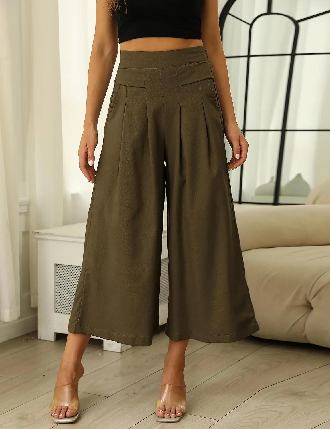 SCUSTY Linen Pants for Women Culottes Capris Wide Leg Palazzo Boho Pants Trousers