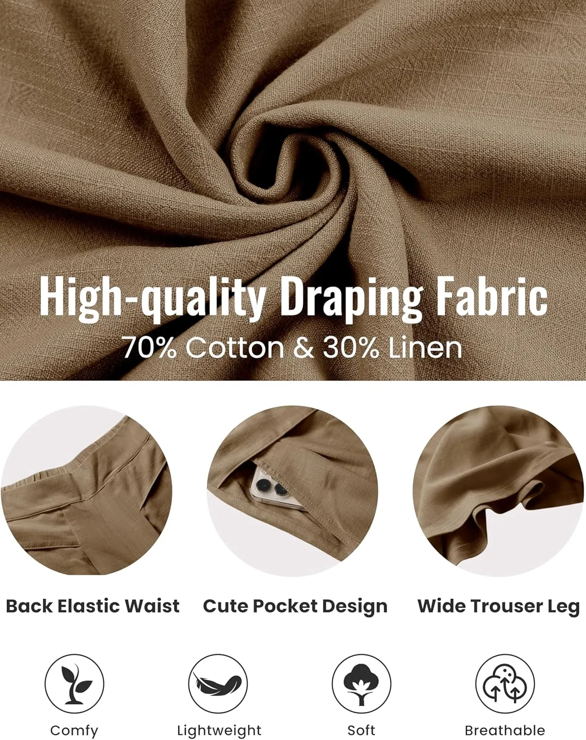 SCUSTY Linen Pants for Women Culottes Capris Wide Leg Palazzo Boho Pants Trousers