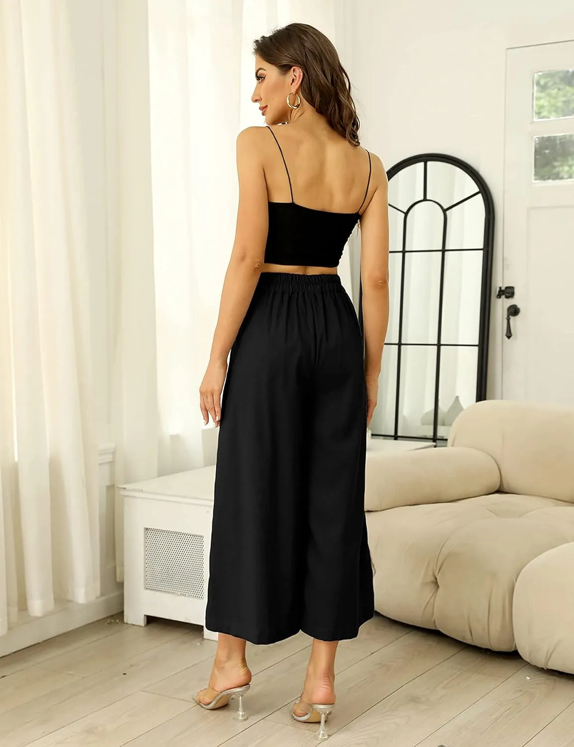 SCUSTY Linen Pants for Women Culottes Capris Wide Leg Palazzo Boho Pants Trousers