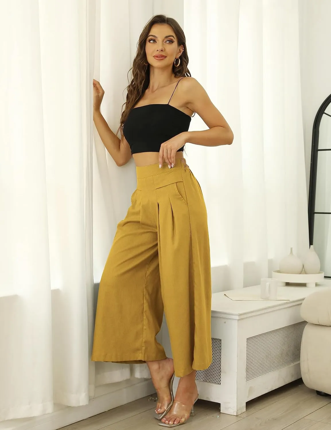 SCUSTY Linen Pants for Women Culottes Capris Wide Leg Palazzo Boho Pants Trousers