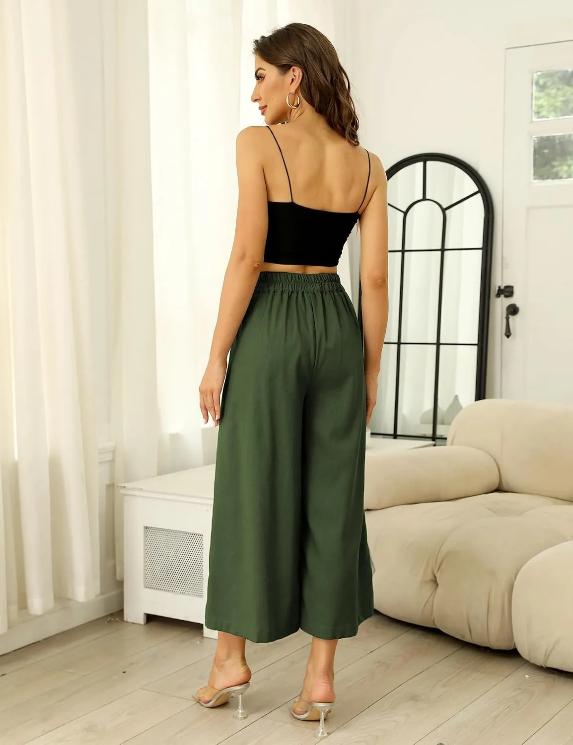 SCUSTY Linen Pants for Women Culottes Capris Wide Leg Palazzo Boho Pants Trousers