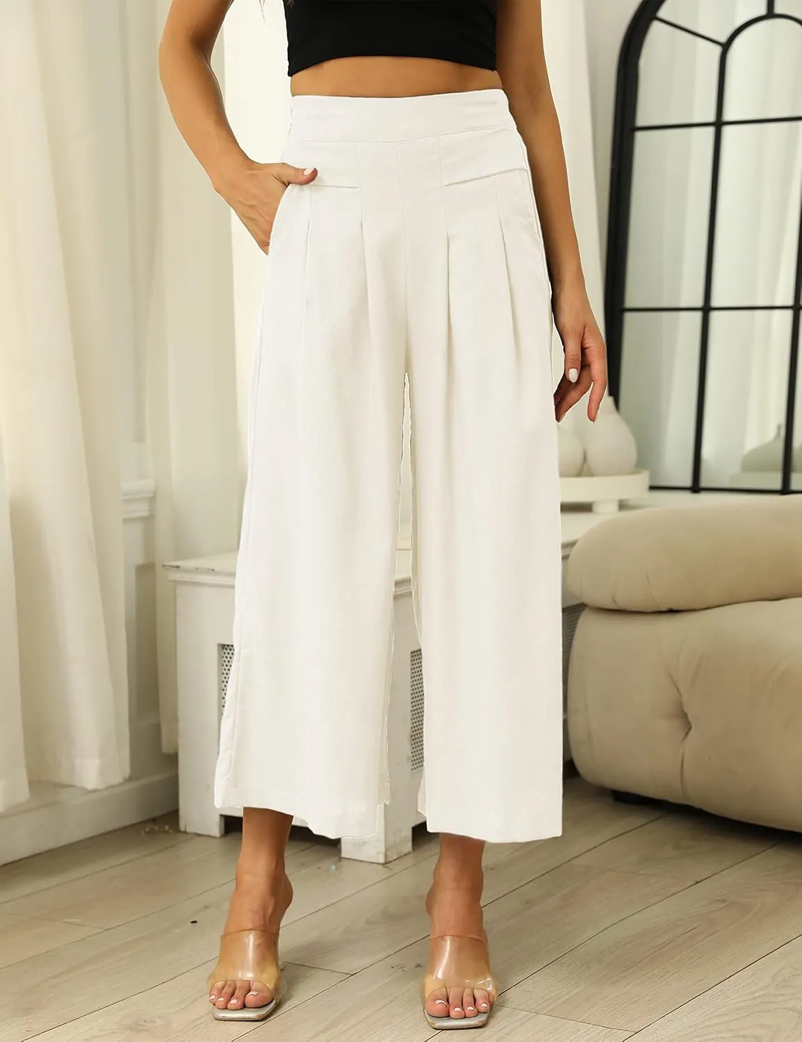 SCUSTY Linen Pants for Women Culottes Capris Wide Leg Palazzo Boho Pants Trousers
