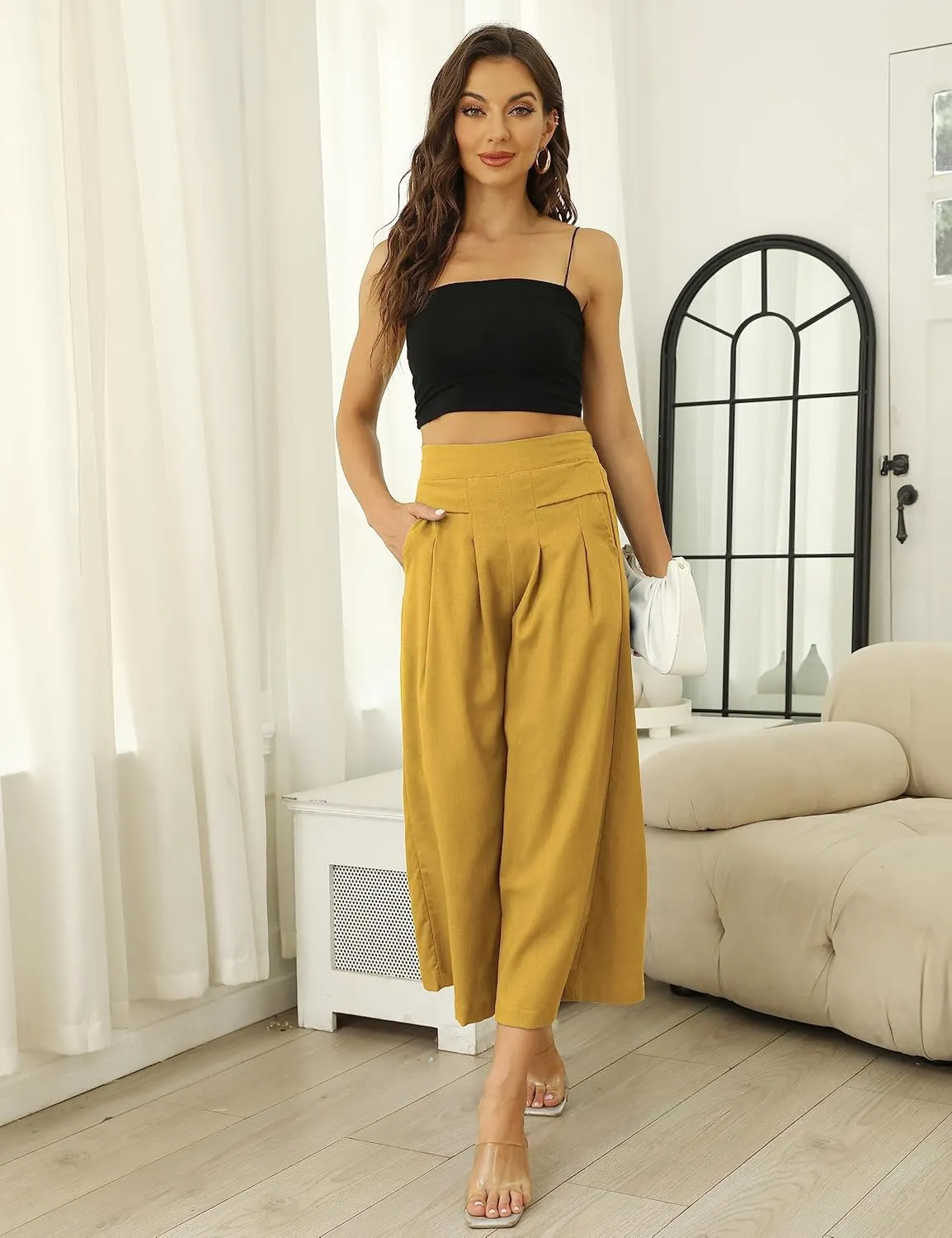 SCUSTY Linen Pants for Women Culottes Capris Wide Leg Palazzo Boho Pants Trousers