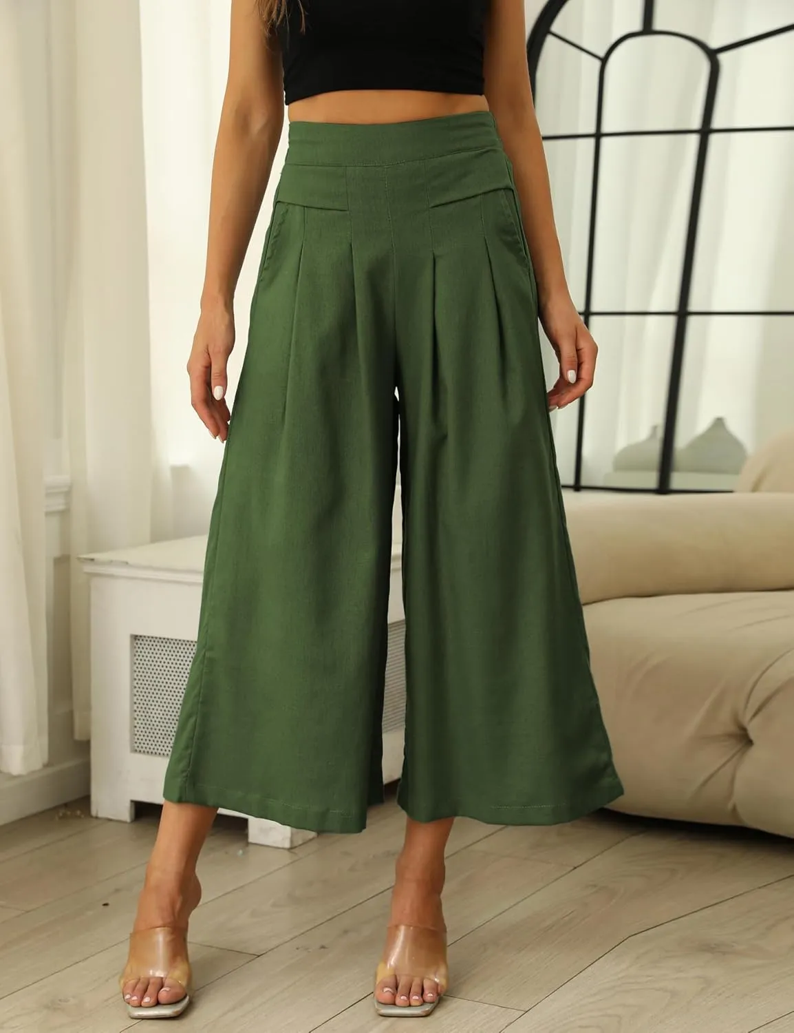 SCUSTY Linen Pants for Women Culottes Capris Wide Leg Palazzo Boho Pants Trousers