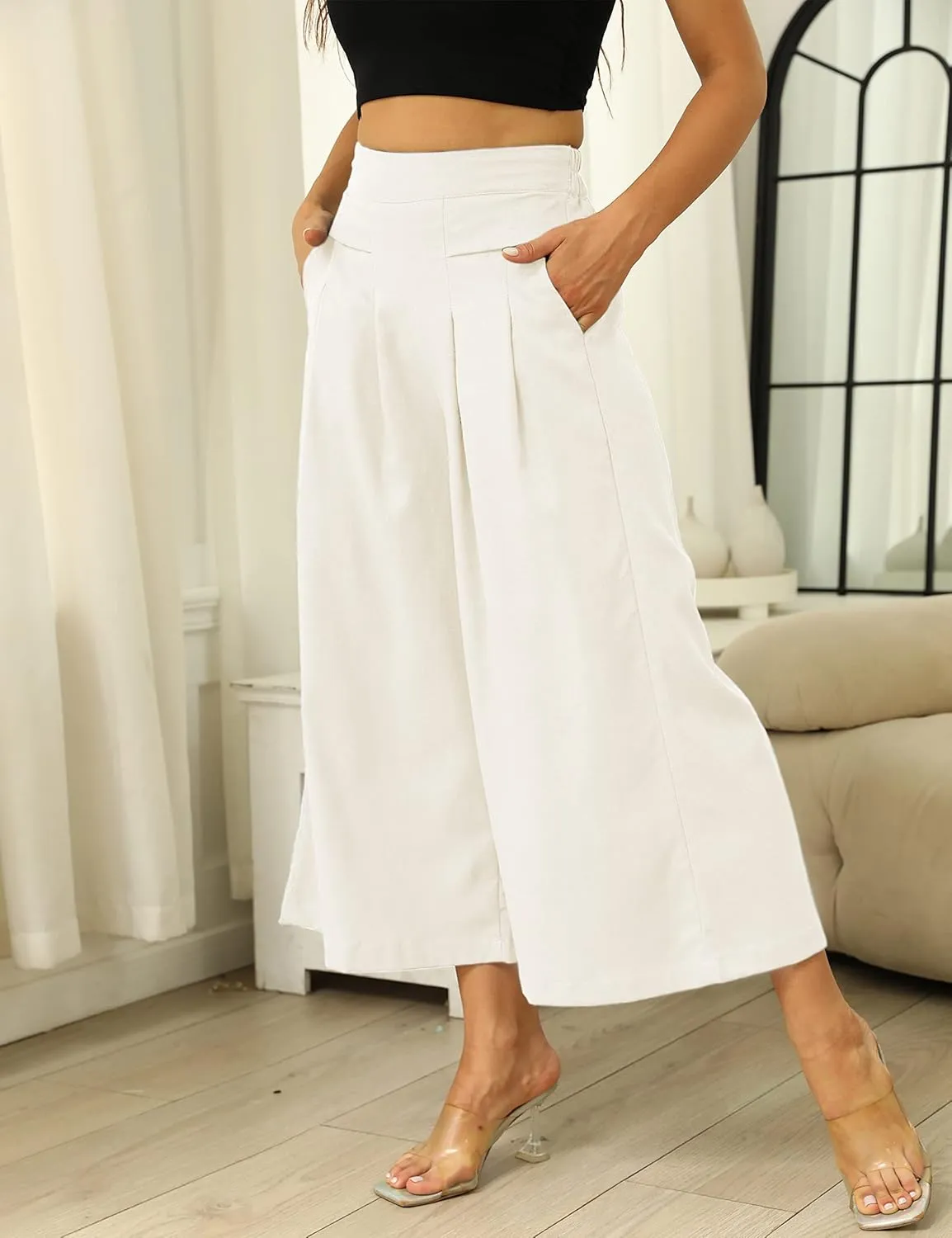 SCUSTY Linen Pants for Women Culottes Capris Wide Leg Palazzo Boho Pants Trousers