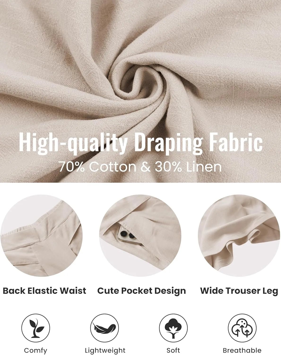 SCUSTY Linen Pants for Women Culottes Capris Wide Leg Palazzo Boho Pants Trousers
