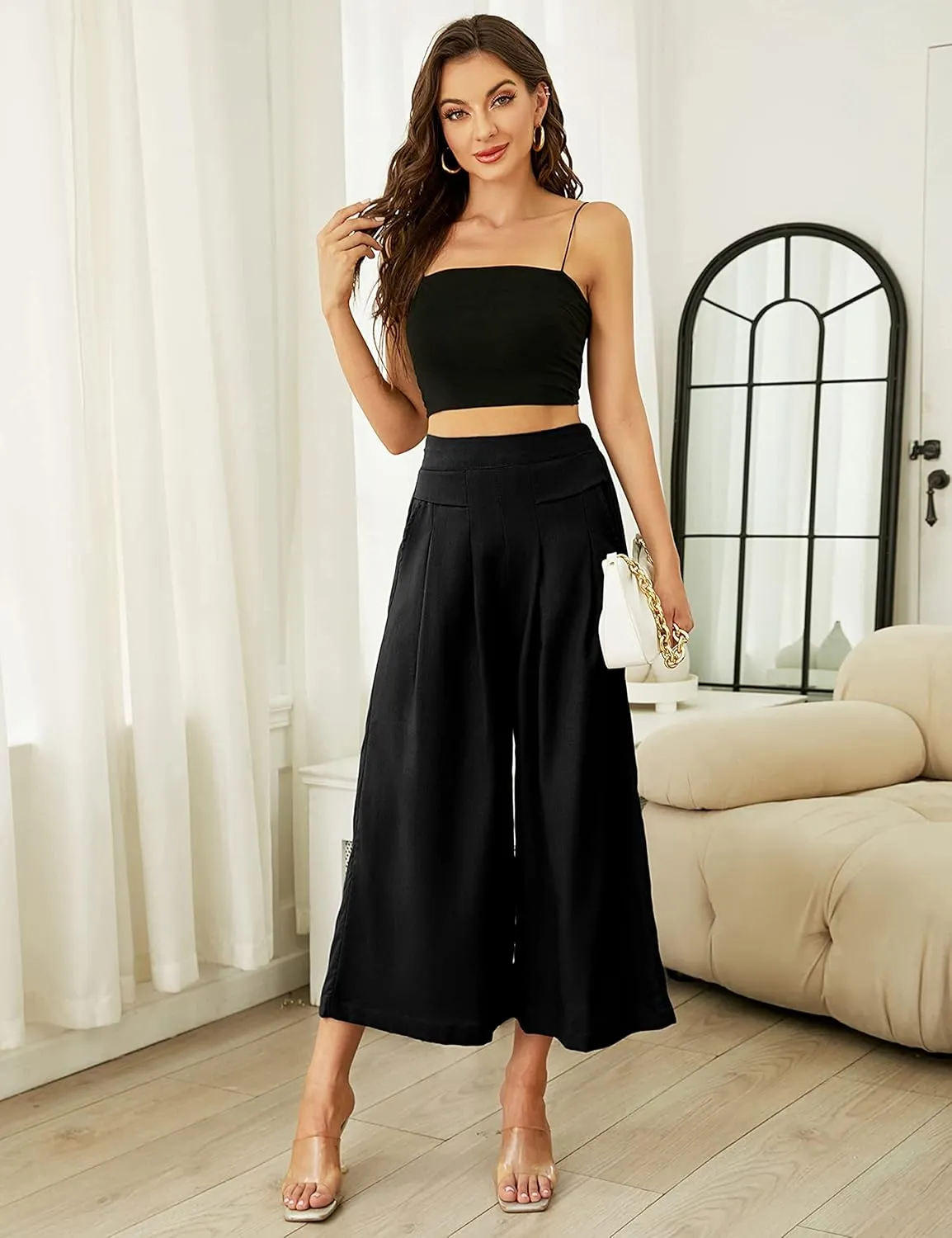 SCUSTY Linen Pants for Women Culottes Capris Wide Leg Palazzo Boho Pants Trousers