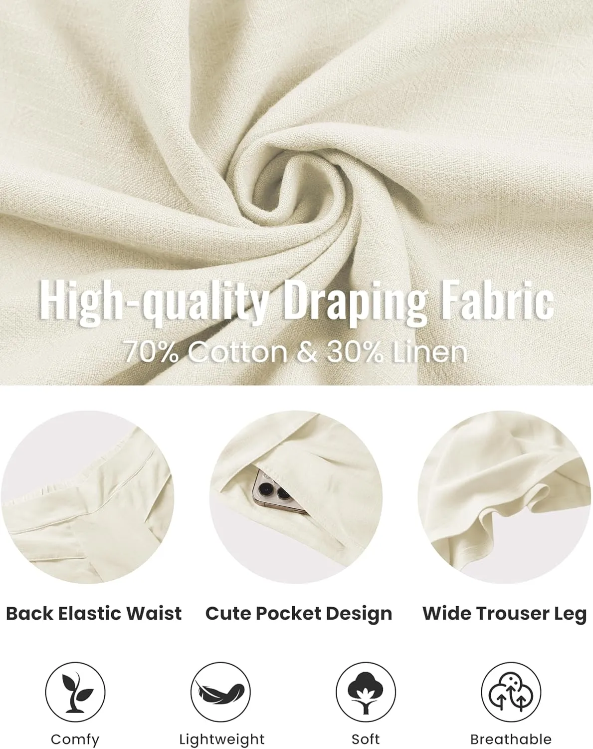 SCUSTY Linen Pants for Women Culottes Capris Wide Leg Palazzo Boho Pants Trousers
