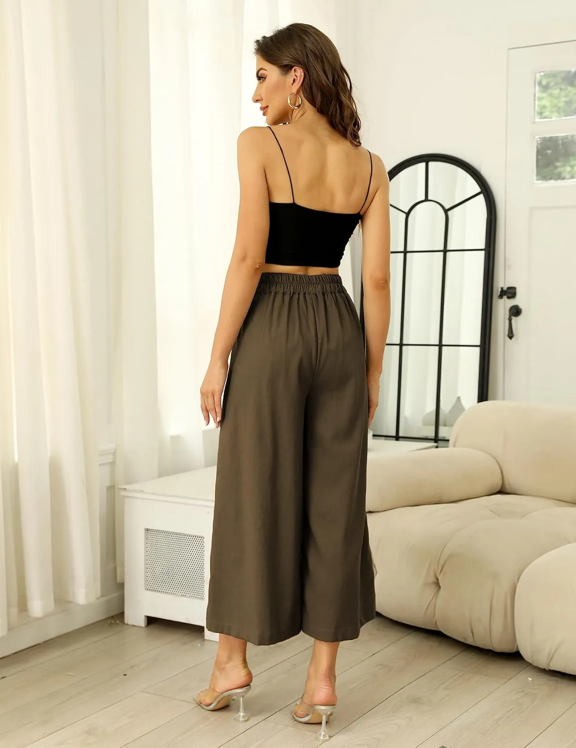 SCUSTY Linen Pants for Women Culottes Capris Wide Leg Palazzo Boho Pants Trousers